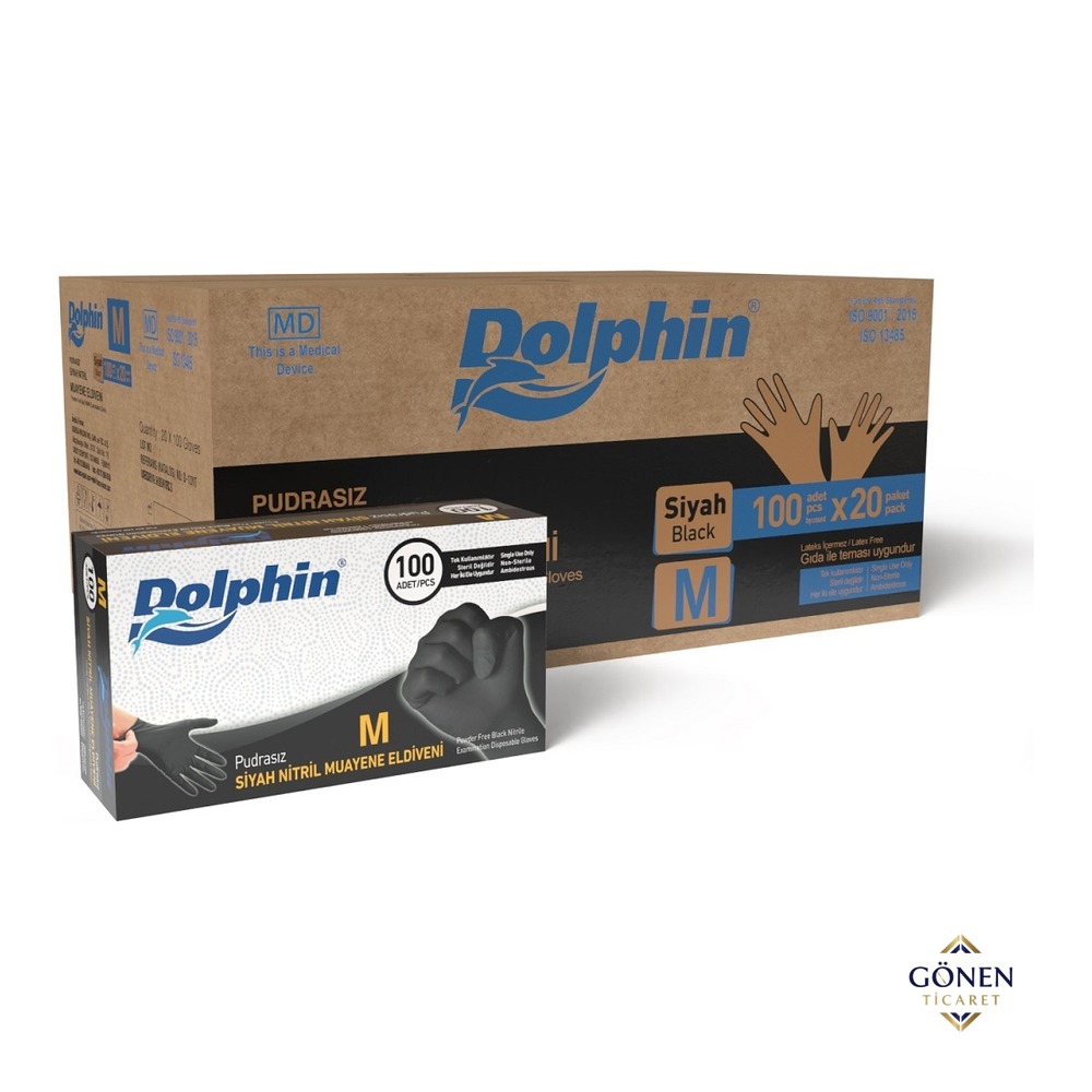 Dolphin Siyah Nitril Muayene Eldiveni Pudrasız